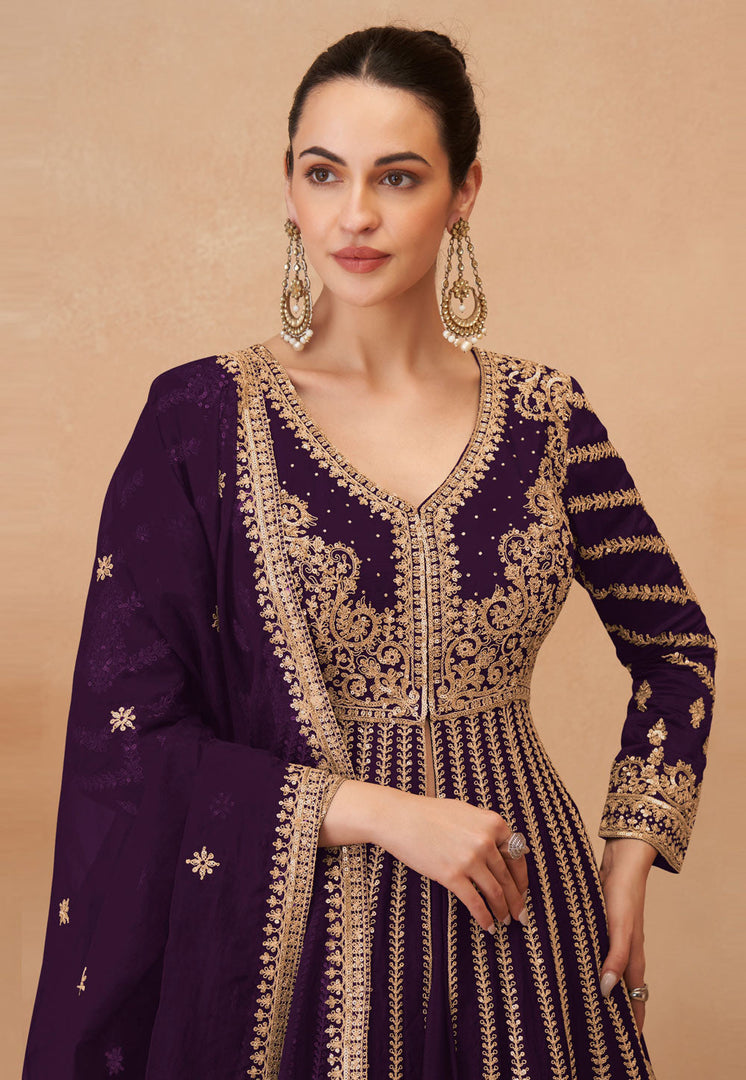 Purple Chinon Silk Anarkali Suit