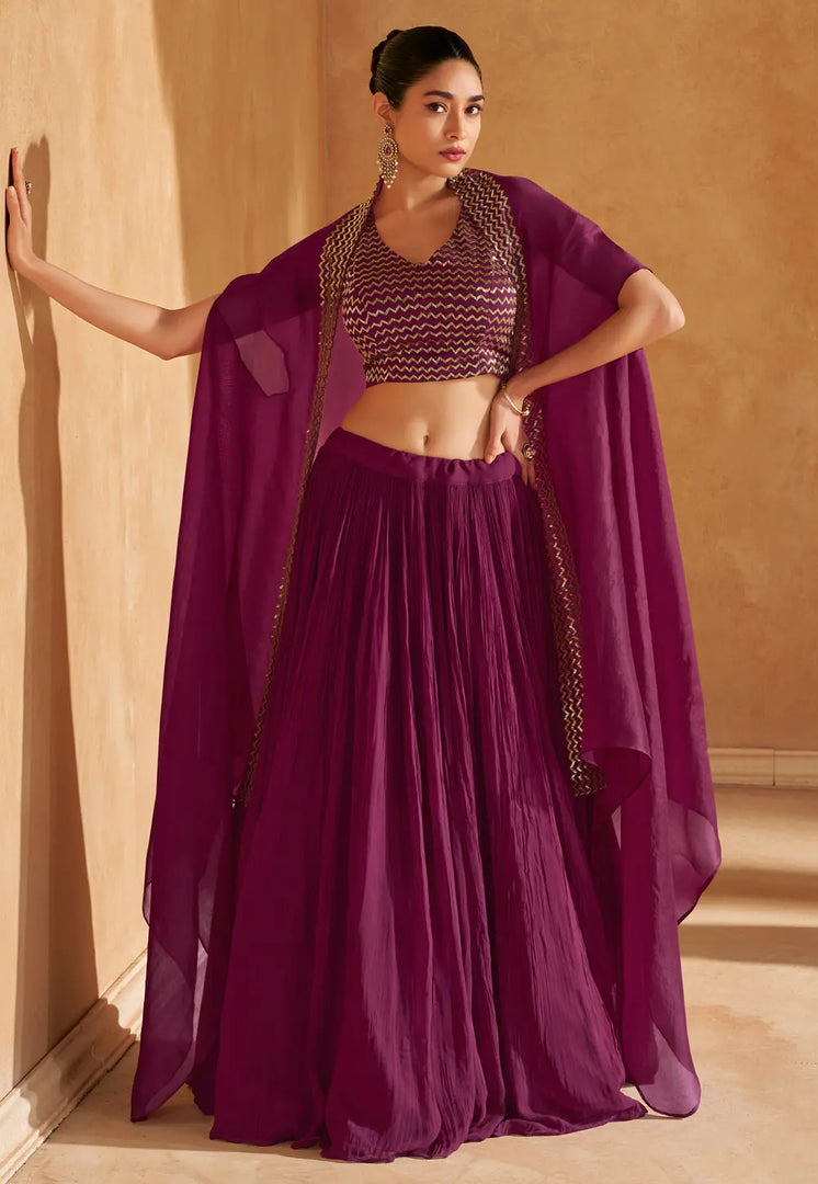 Purple Chinon Silk Jacket Style Lehenga Choli