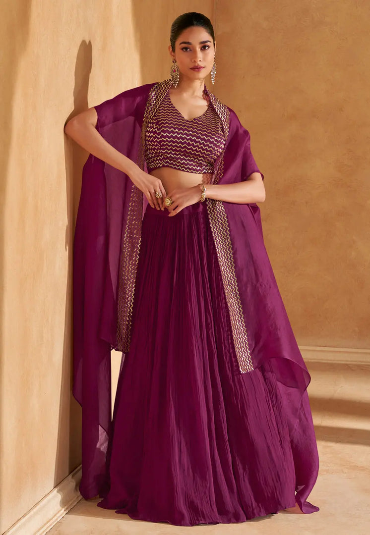Purple Chinon Silk Jacket Style Lehenga Choli