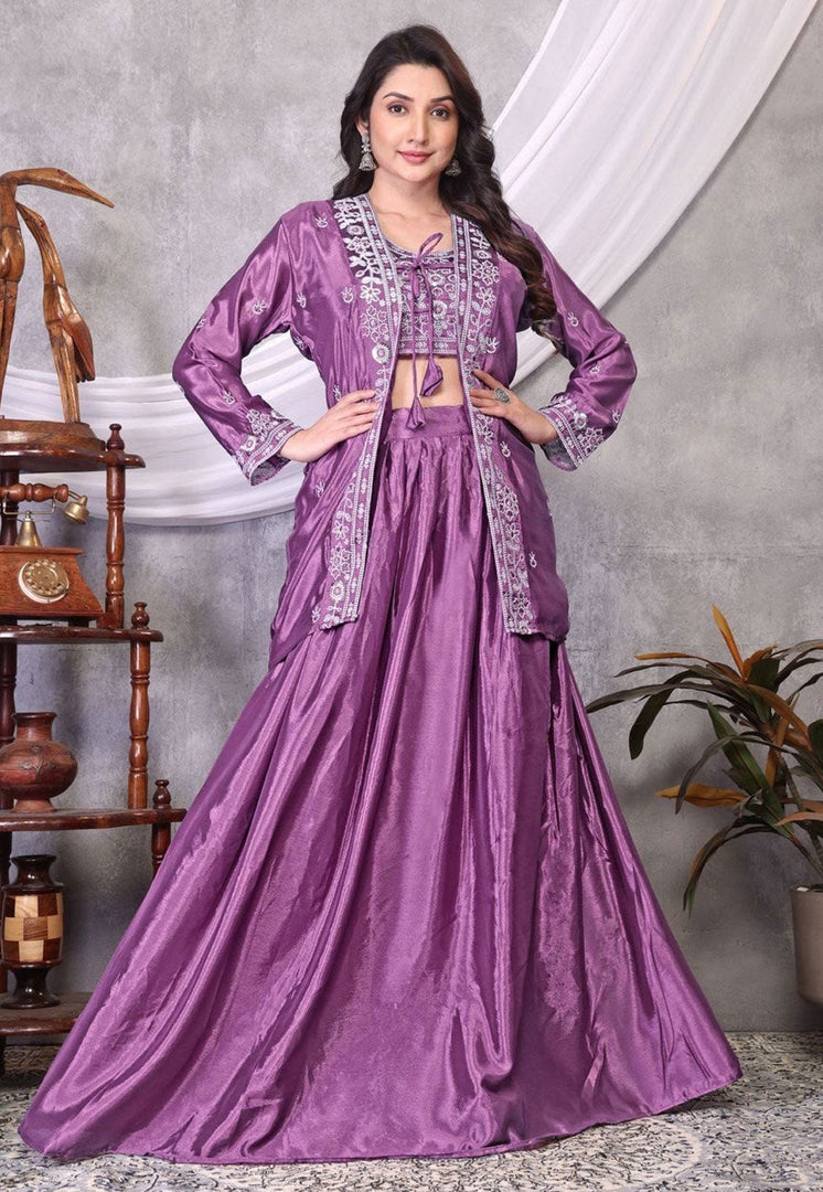 Purple Chinon Silk Jacket Style Lehenga Choli