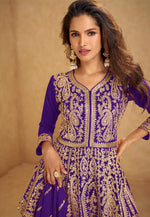 Load image into Gallery viewer, Purple Chinon Silk Long Choli Lehenga
