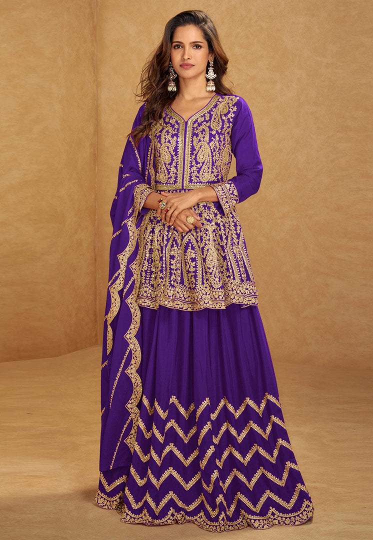 Purple Chinon Silk Long Choli Lehenga