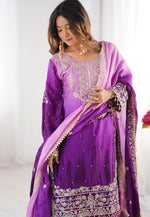 Load image into Gallery viewer, Purple Chinon Silk Readymade Gharara Suit
