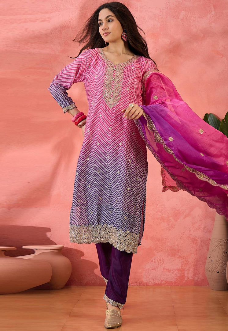 Purple Chinon Silk Readymade Pakistani Suit