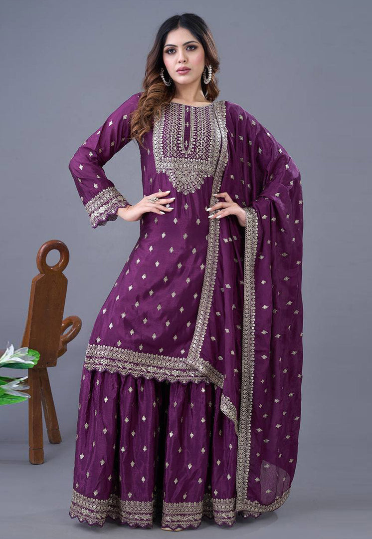 Purple Chinon Silk Readymade Sharara Suit