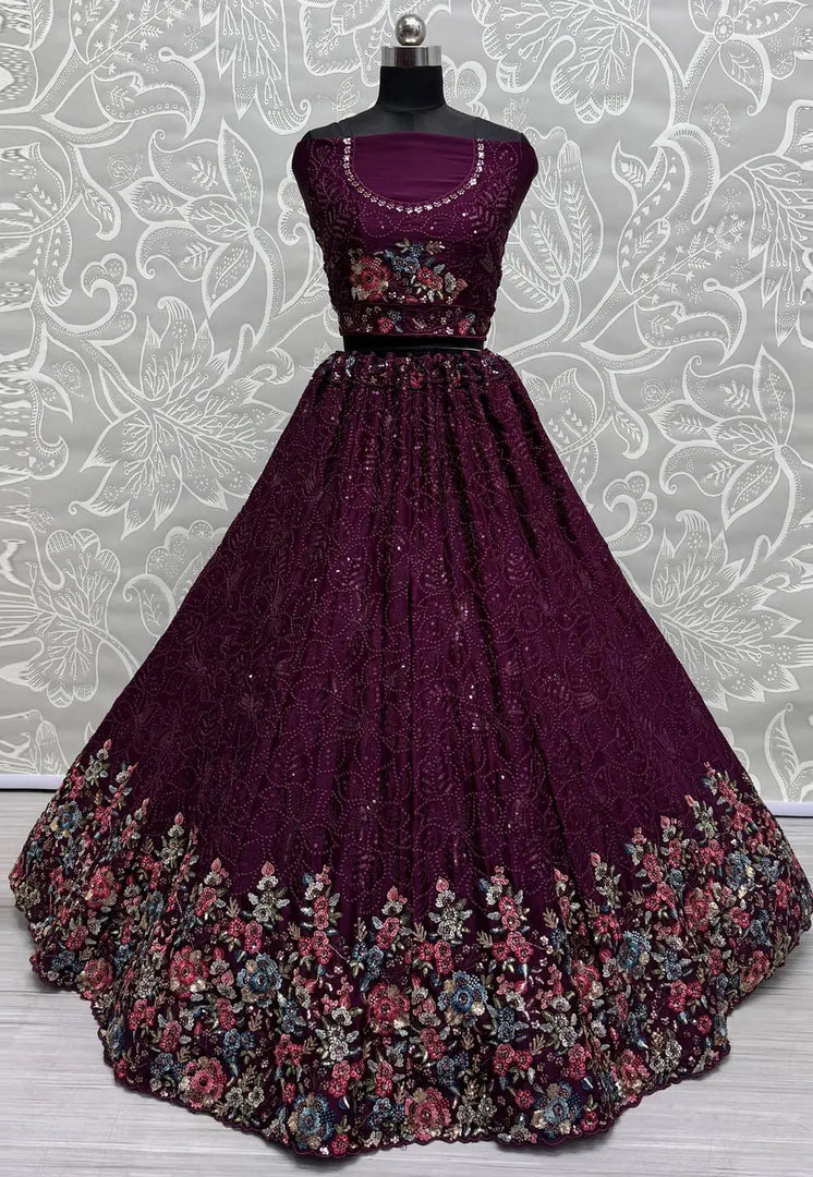 Purple Chinon Wedding Lehenga Choli
