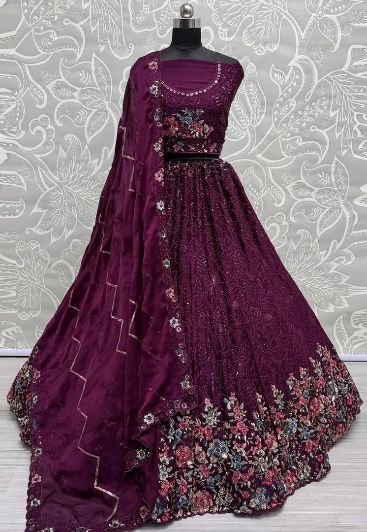 Purple Chinon Wedding Lehenga Choli