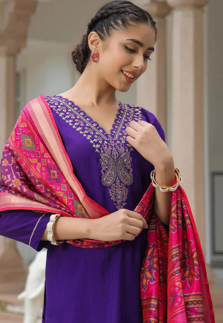 Purple Cotton Readymade Pakistani Suit