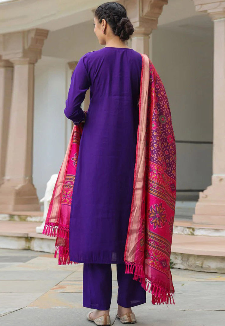 Purple Cotton Readymade Pakistani Suit