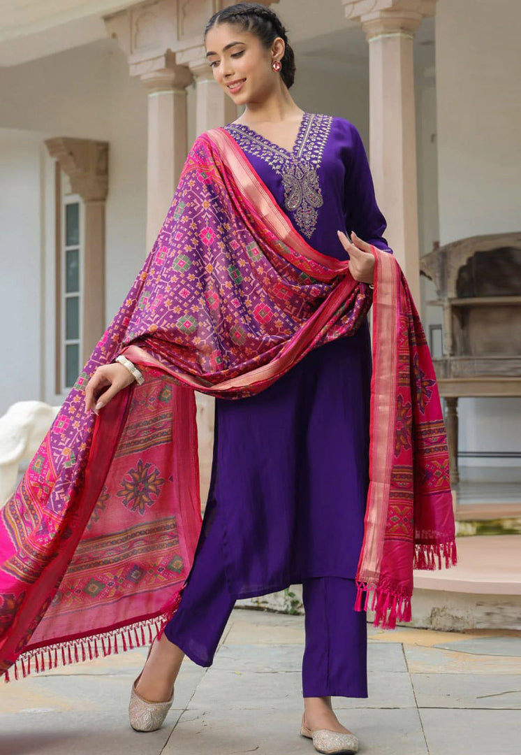 Purple Cotton Readymade Pakistani Suit