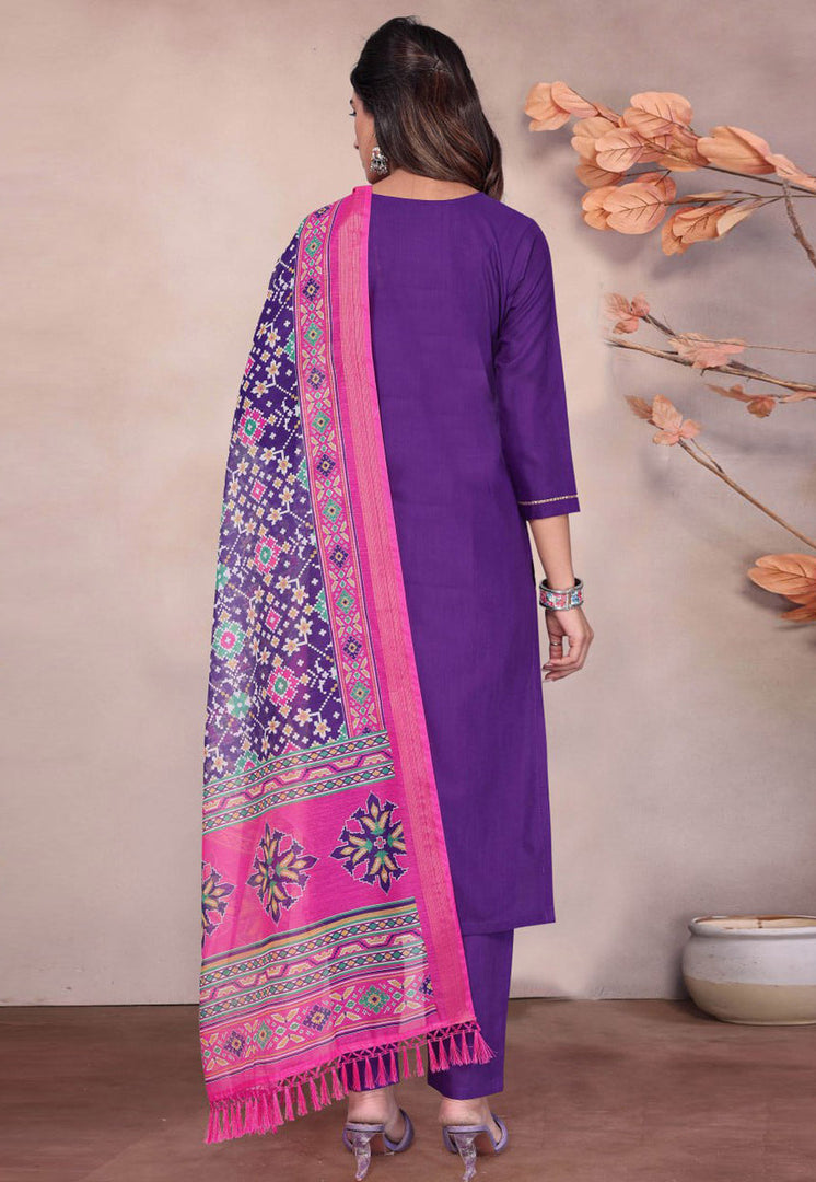 Purple Cotton Readymade Pakistani Suit