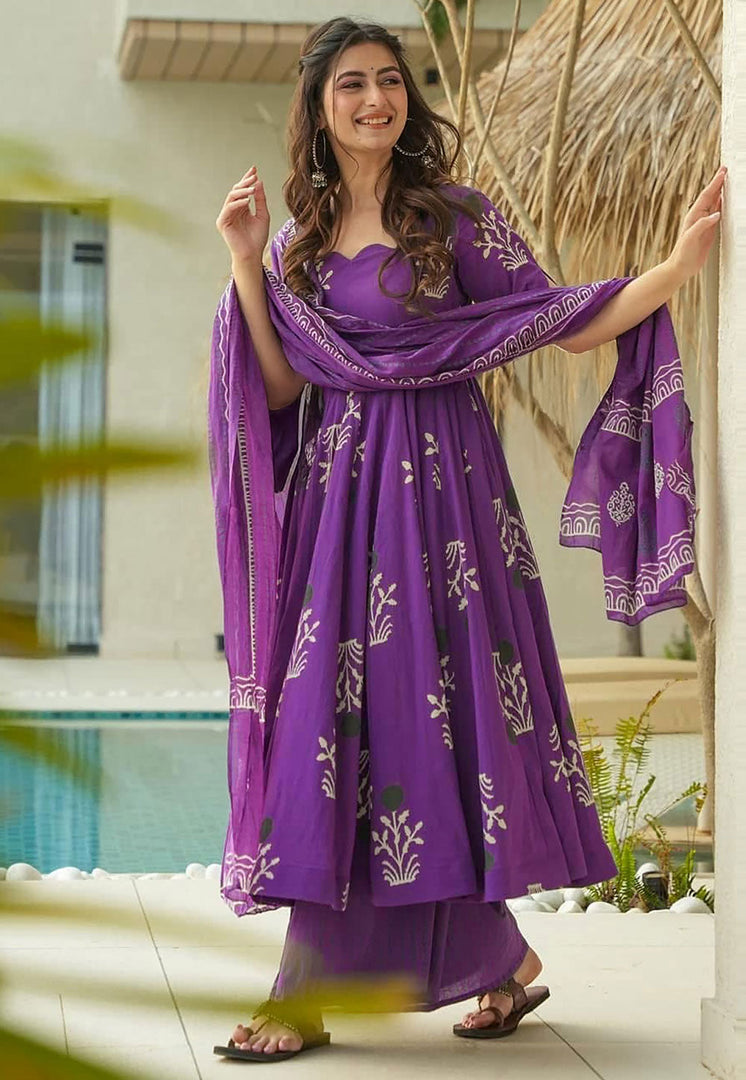 Purple Cotton Readymade Palazzo Suit