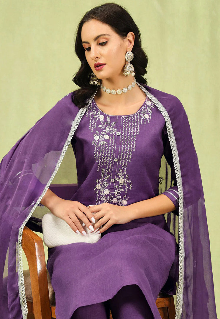 Purple Cotton Readymade Pant Style Suit