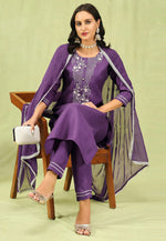 Load image into Gallery viewer, Purple Cotton Readymade Pant Style Suit
