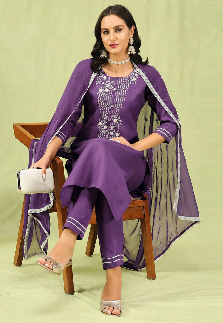 Purple Cotton Readymade Pant Style Suit