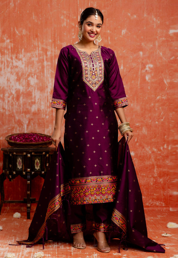 Purple Cotton Silk Readymade Pakistani Suit