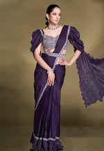 Load image into Gallery viewer, Purple Crepe Designer Saree

