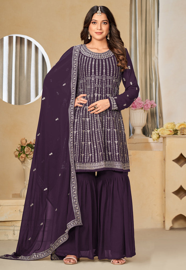 Purple Faux Georgette Gharara Suit