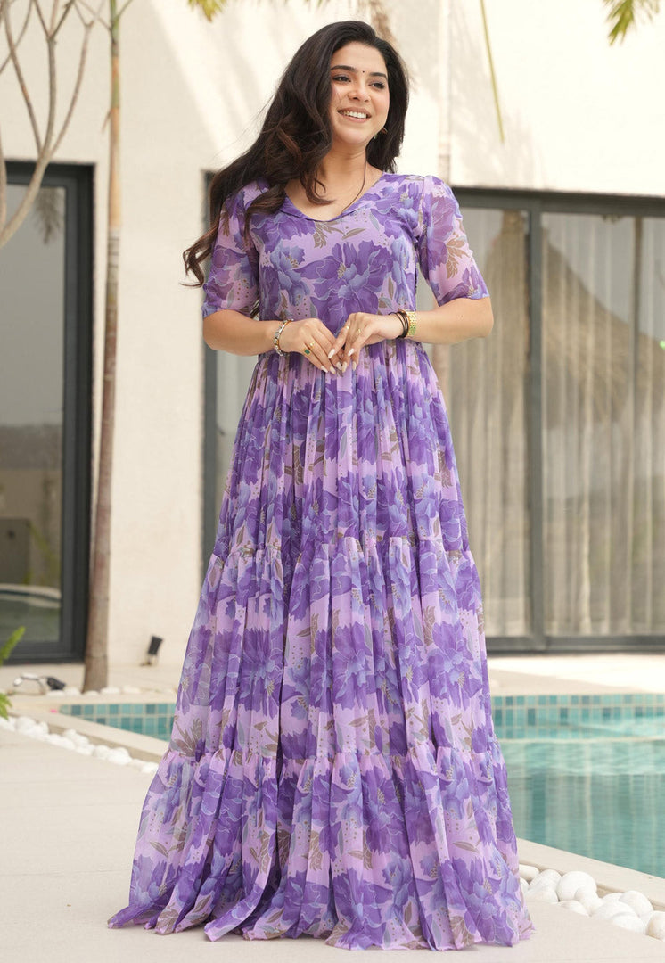 Purple Faux Georgette Printed Gown