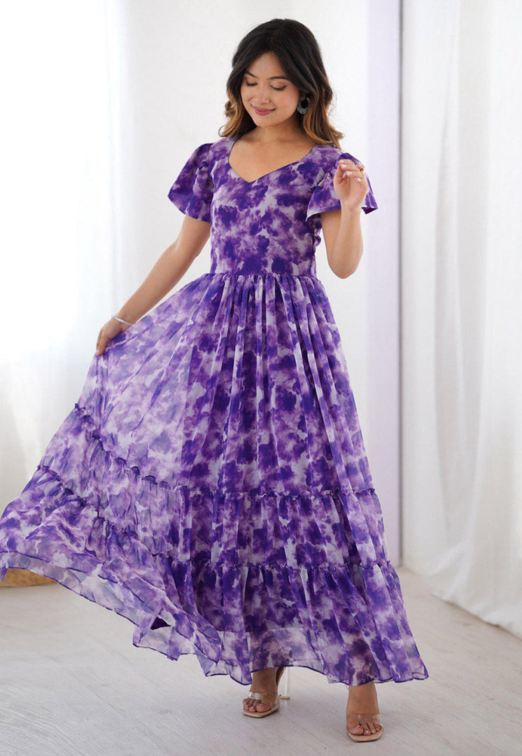 Purple Faux Georgette Printed Gown