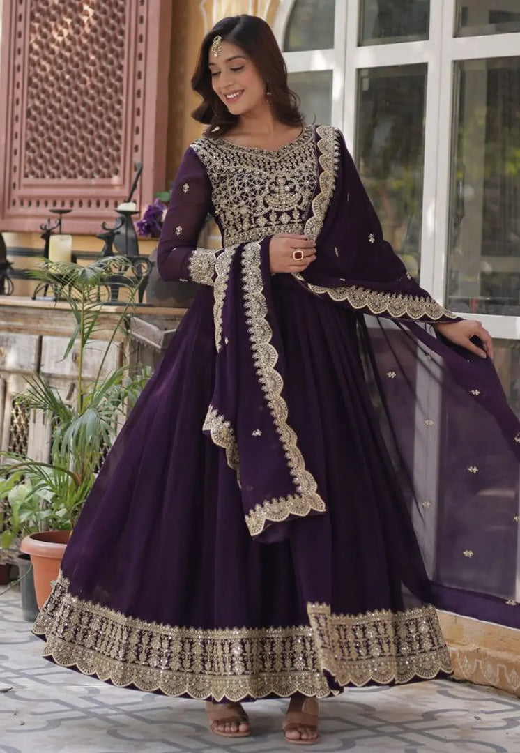 Purple Faux Georgette Readymade Long Anarkali Suit