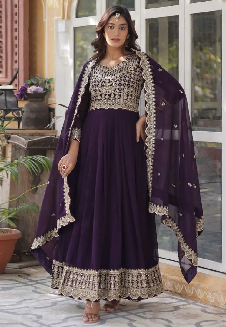 Purple Faux Georgette Readymade Long Anarkali Suit