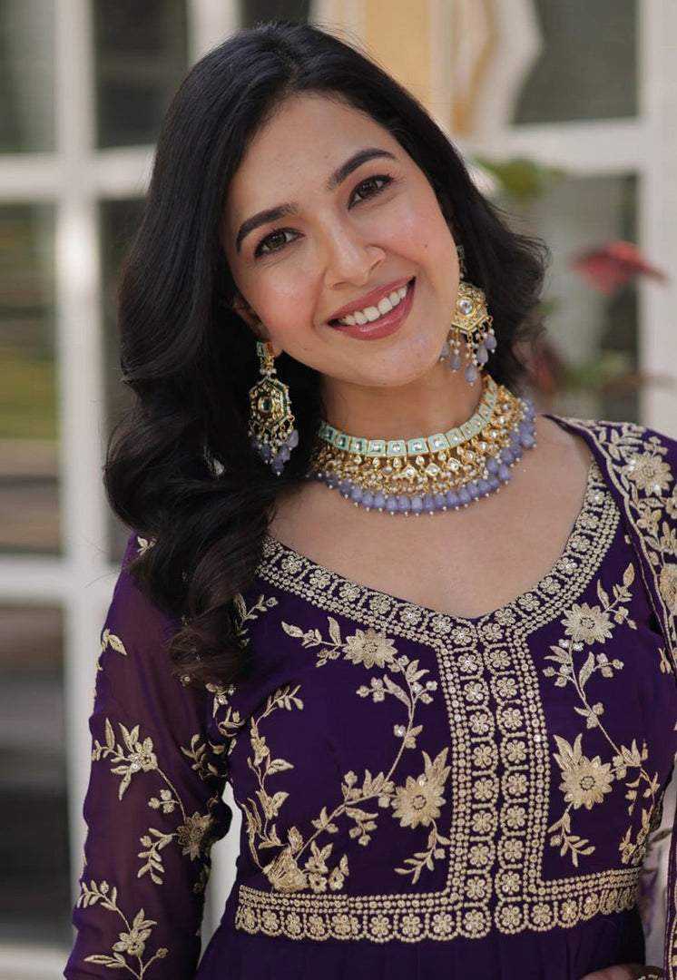 Purple Faux Georgette Readymade Long Anarkali Suit