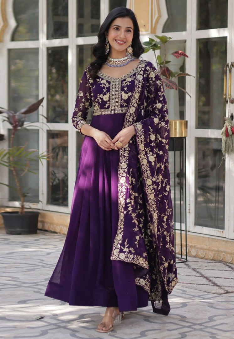 Purple Faux Georgette Readymade Long Anarkali Suit
