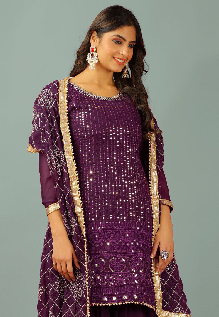 Purple Faux Georgette Readymade Sharara Suit