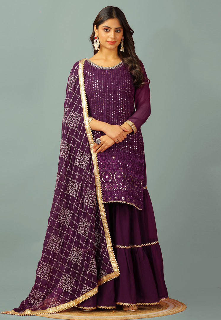 Purple Faux Georgette Readymade Sharara Suit