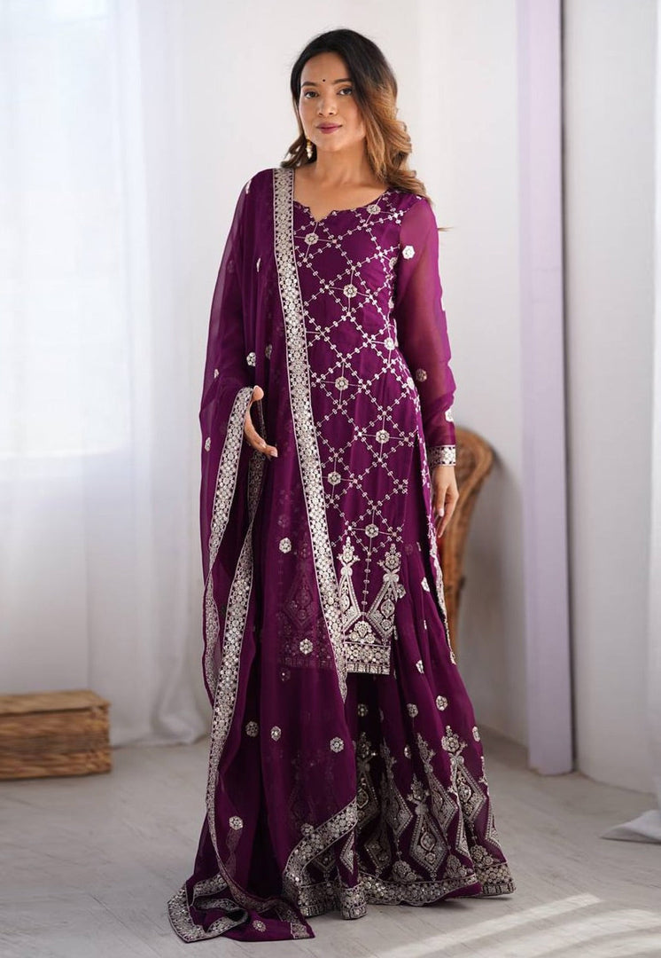 Purple Faux Georgette Readymade Sharara Suit