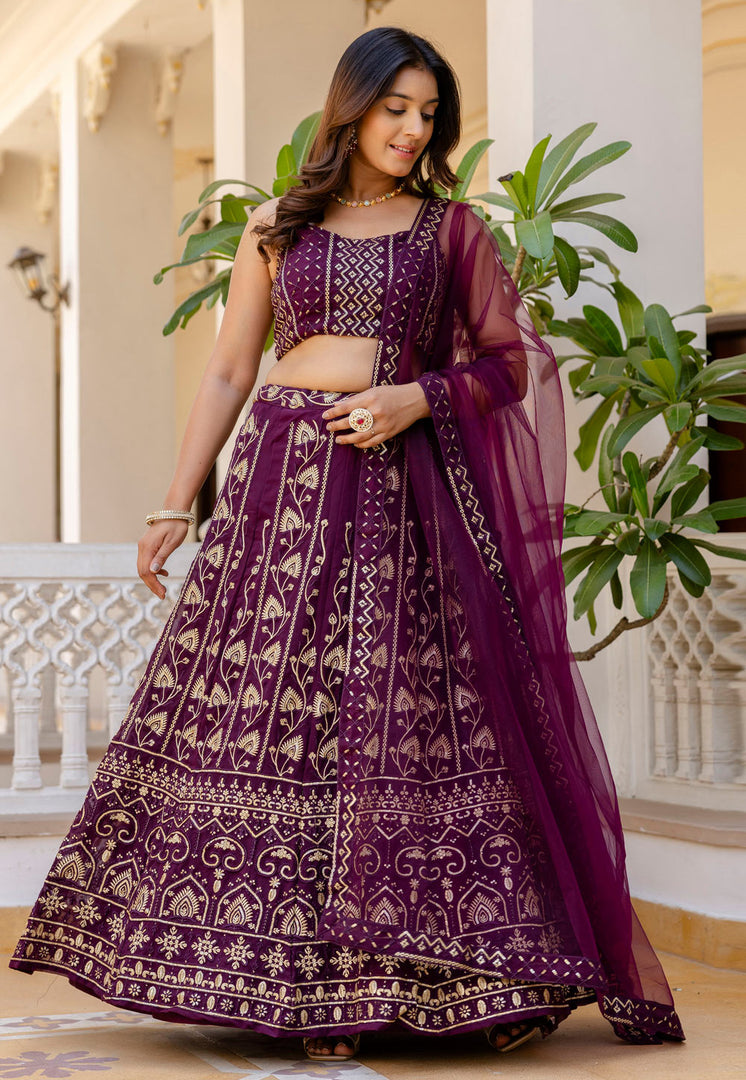 Purple Georgette A Line Lehenga Choli
