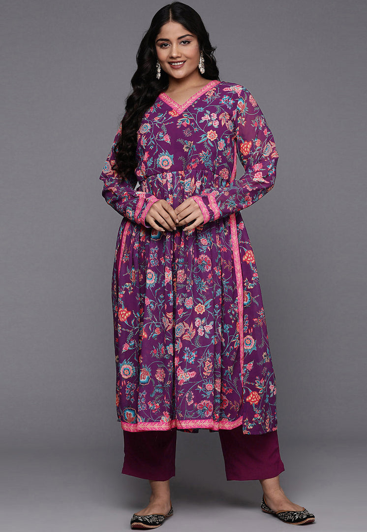 Purple Georgette Kurta Set With Pant
