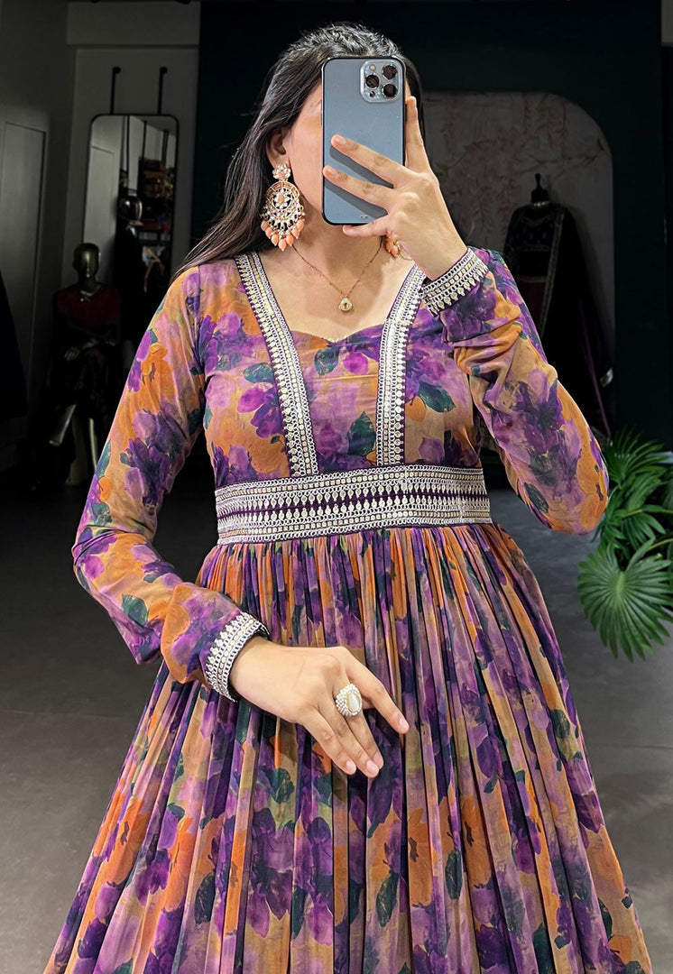 Purple Georgette Printed Gown