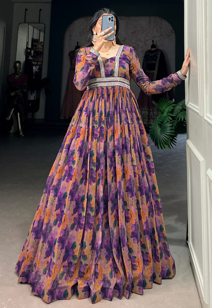 Purple Georgette Printed Gown