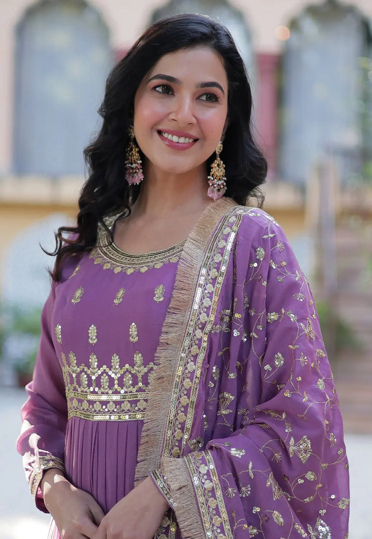 Purple Georgette Readymade Long Anarkali Suit