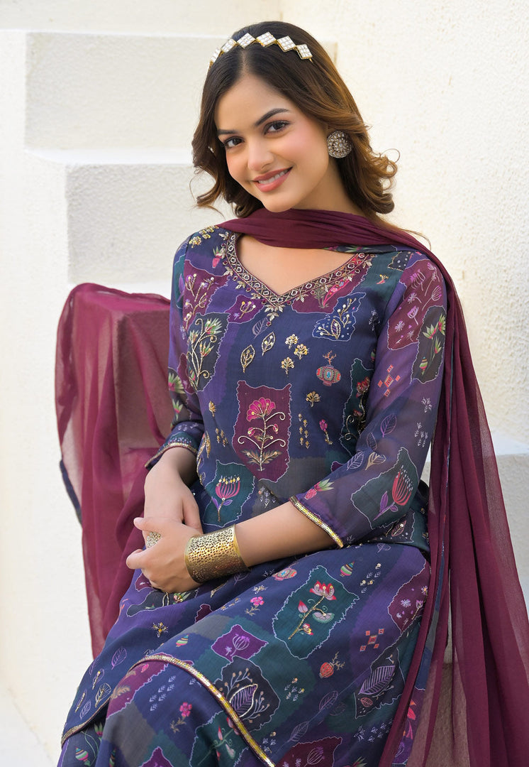 Purple Georgette Readymade Palazzo Suit