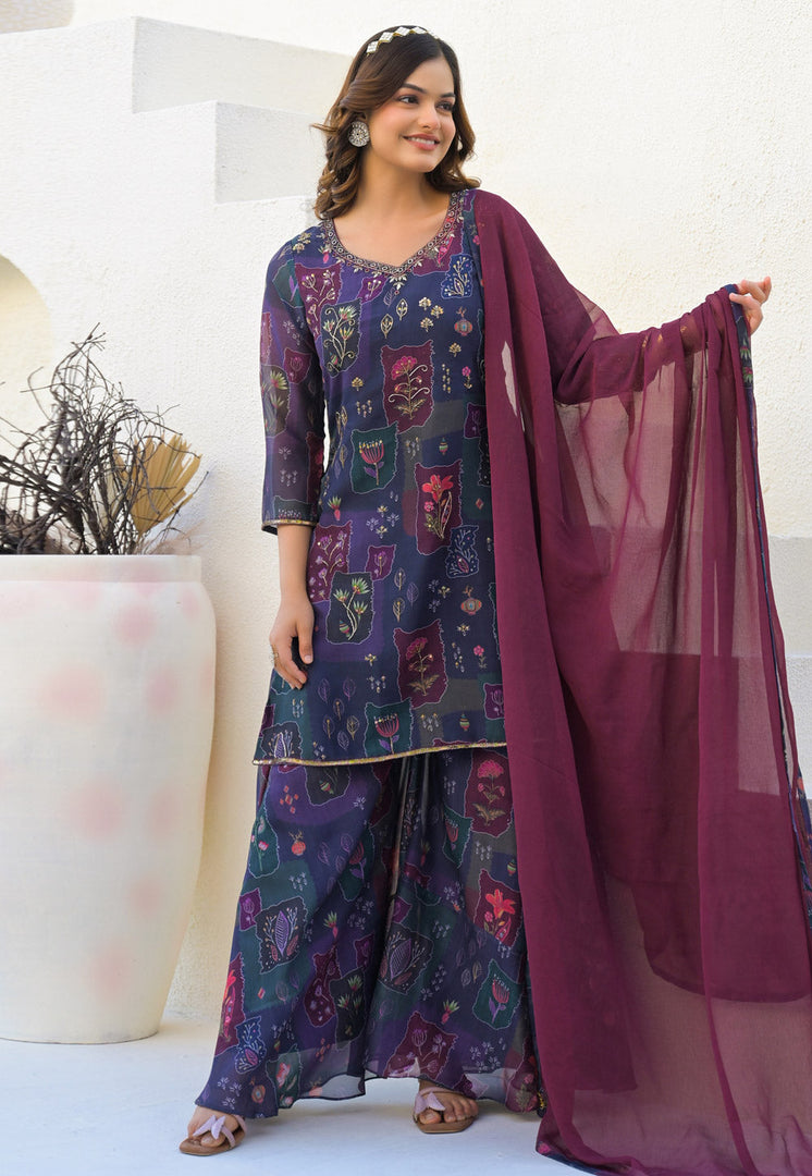 Purple Georgette Readymade Palazzo Suit
