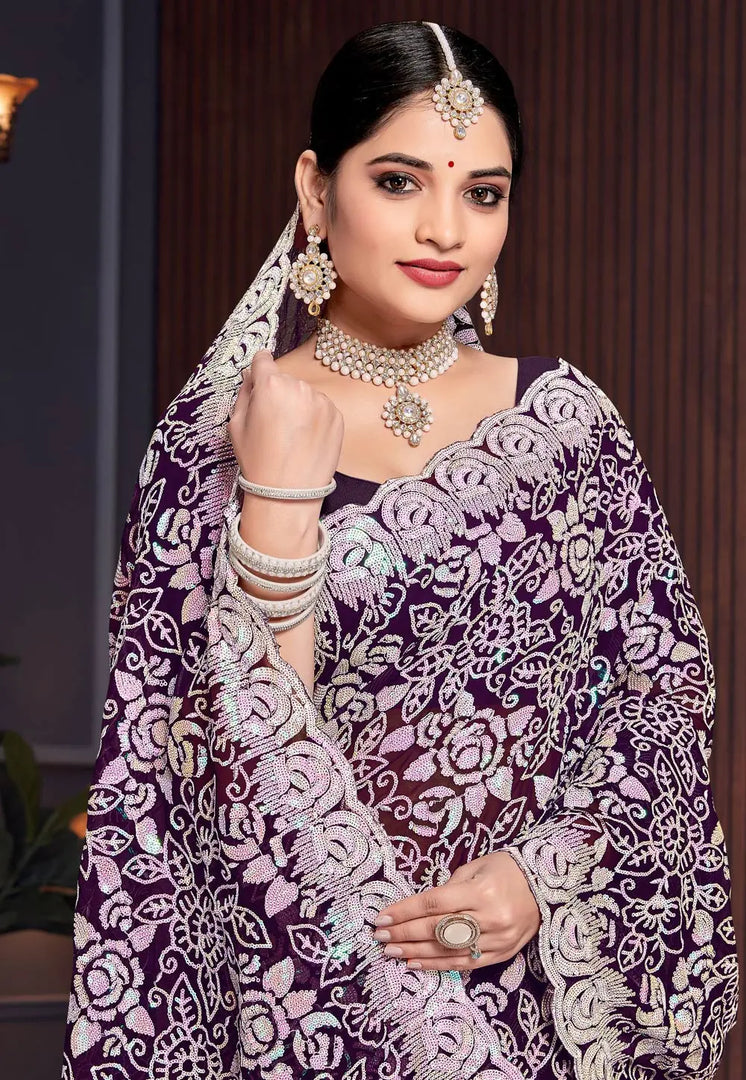 Purple Georgette Sequence Saree