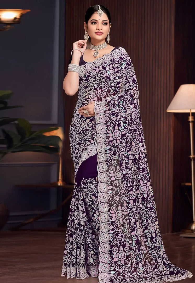 Purple Georgette Sequence Saree