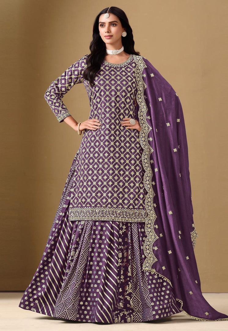 Purple Jacquard Long Choli Lehenga