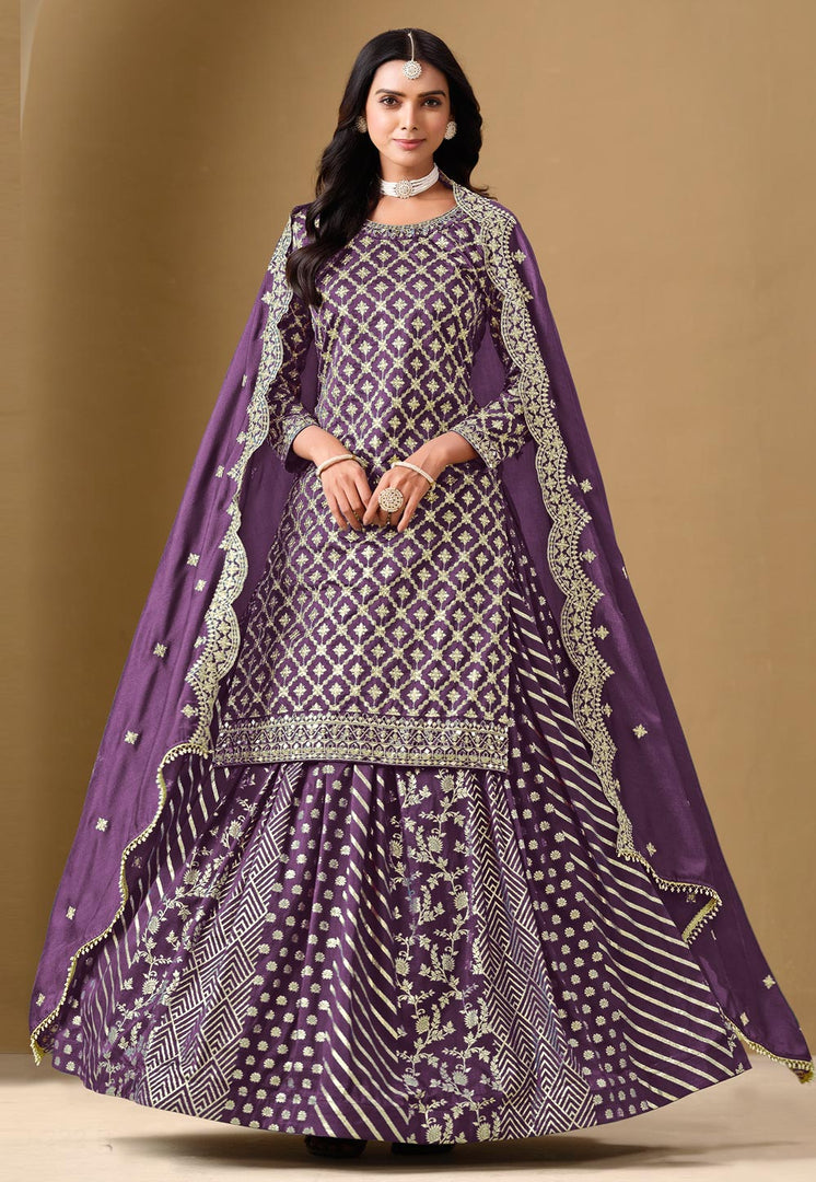 Purple Jacquard Long Choli Lehenga
