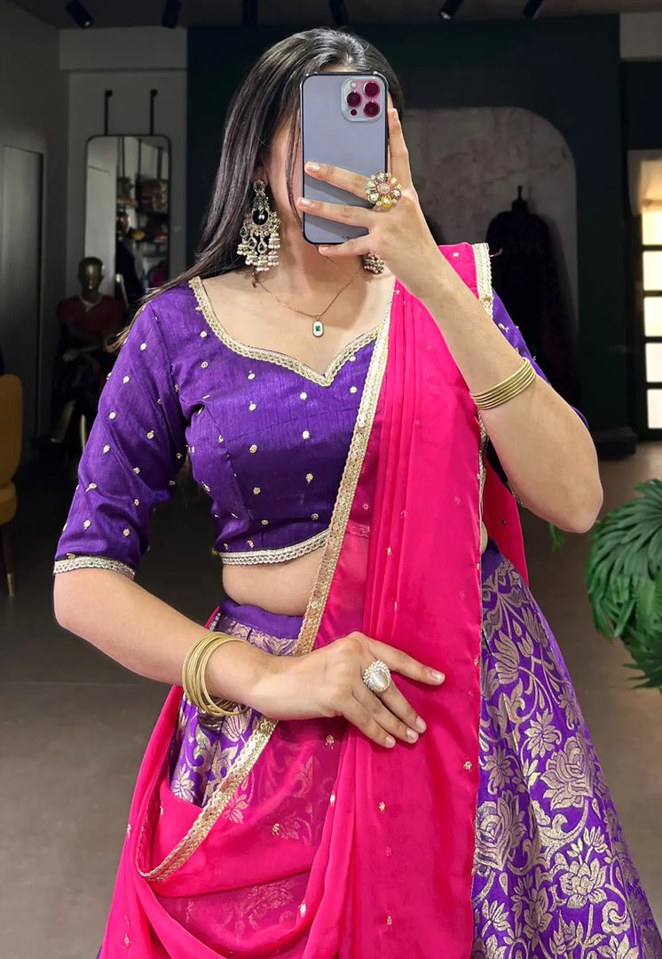 Purple Jacquard Silk Circular Lehenga Choli