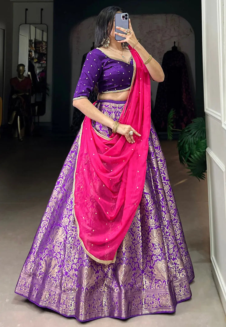 Purple Jacquard Silk Circular Lehenga Choli
