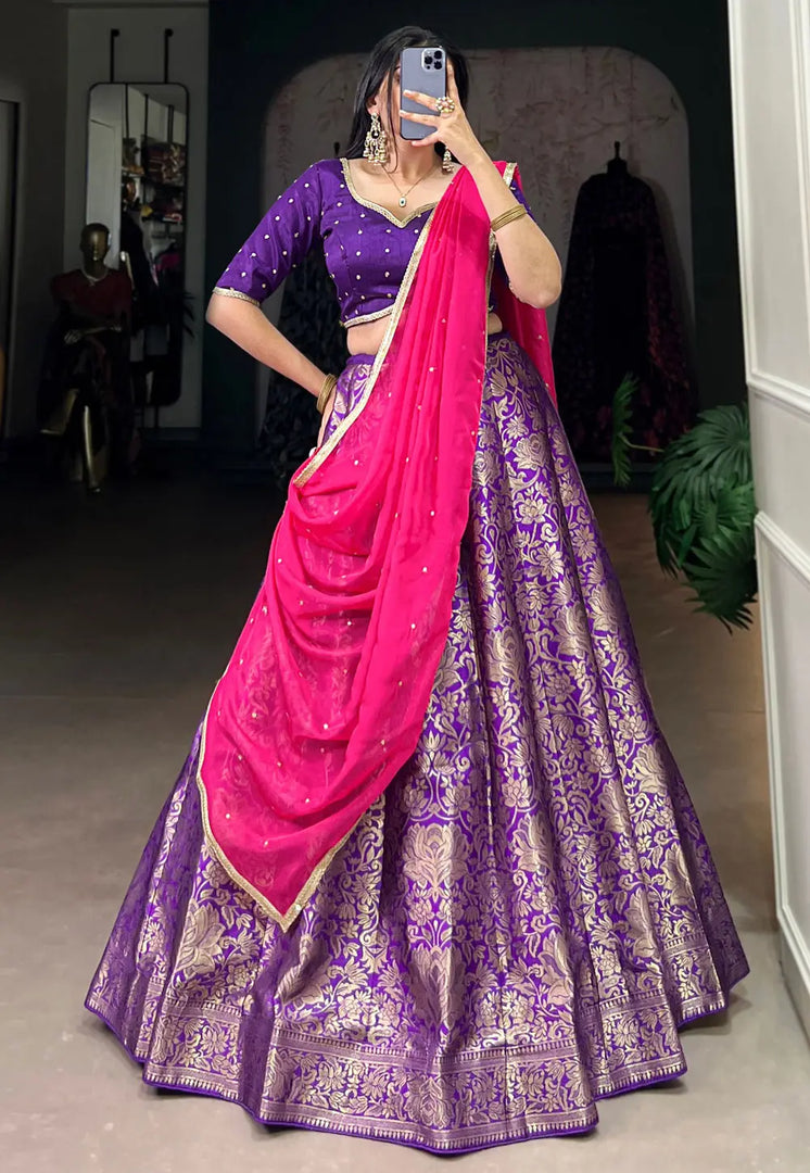 Purple Jacquard Silk Circular Lehenga Choli