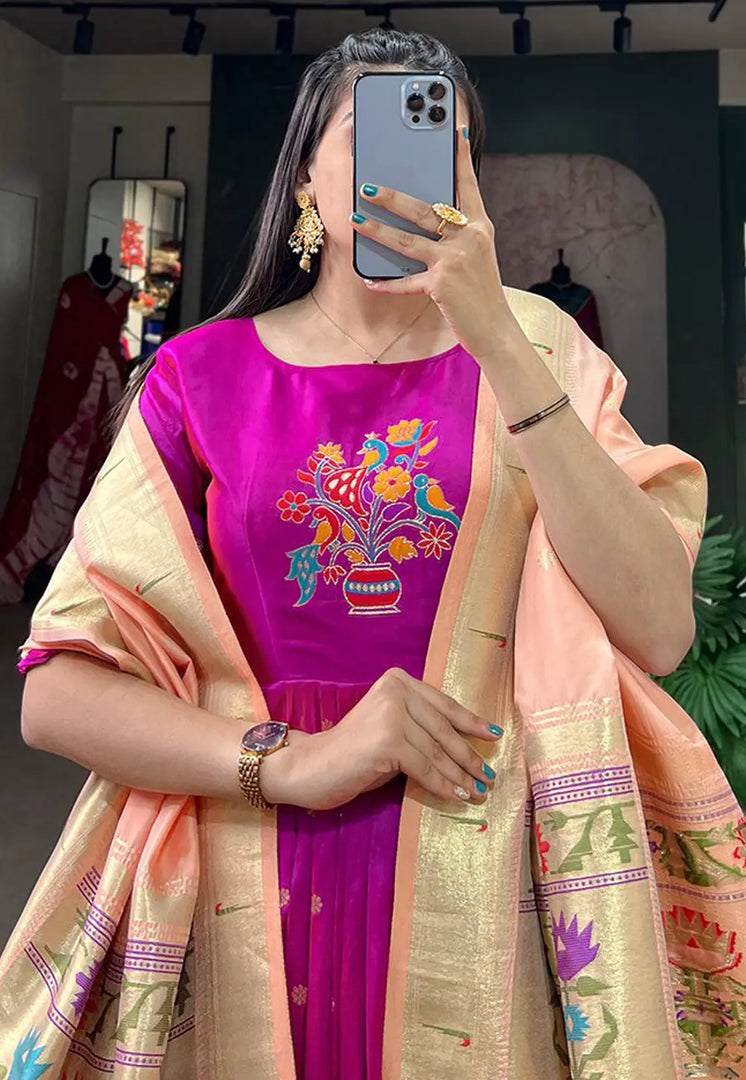 Purple Jacquard Silk Readymade Long Anarkali Suit