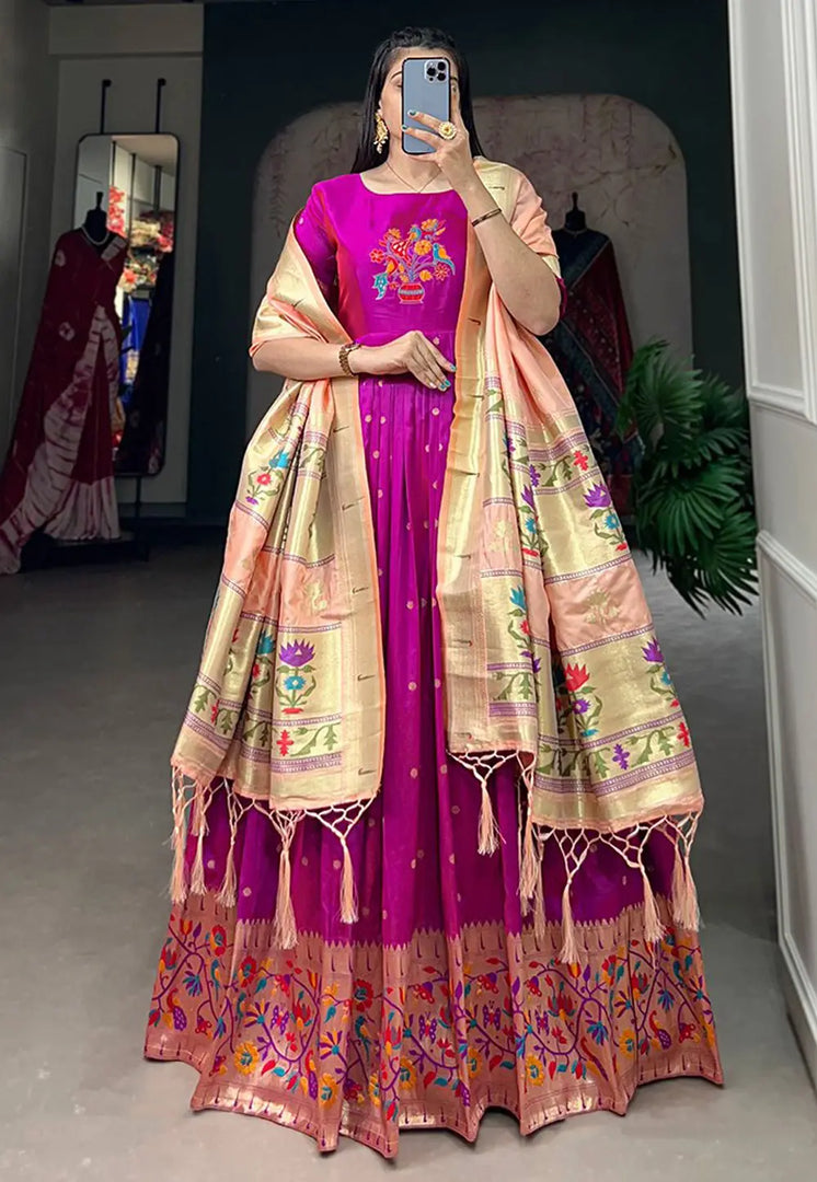 Purple Jacquard Silk Readymade Long Anarkali Suit