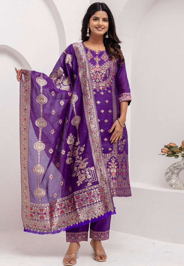 Purple Jacquard Silk Readymade Pakistani Suit