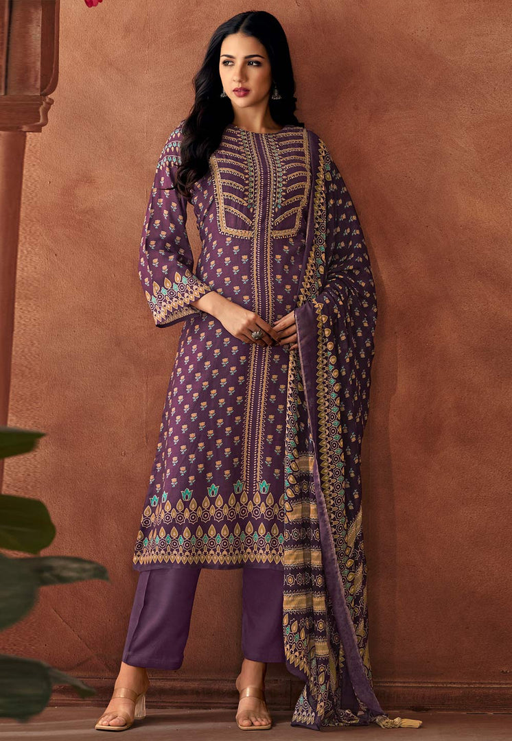 Purple Muslin Pakistani Suit