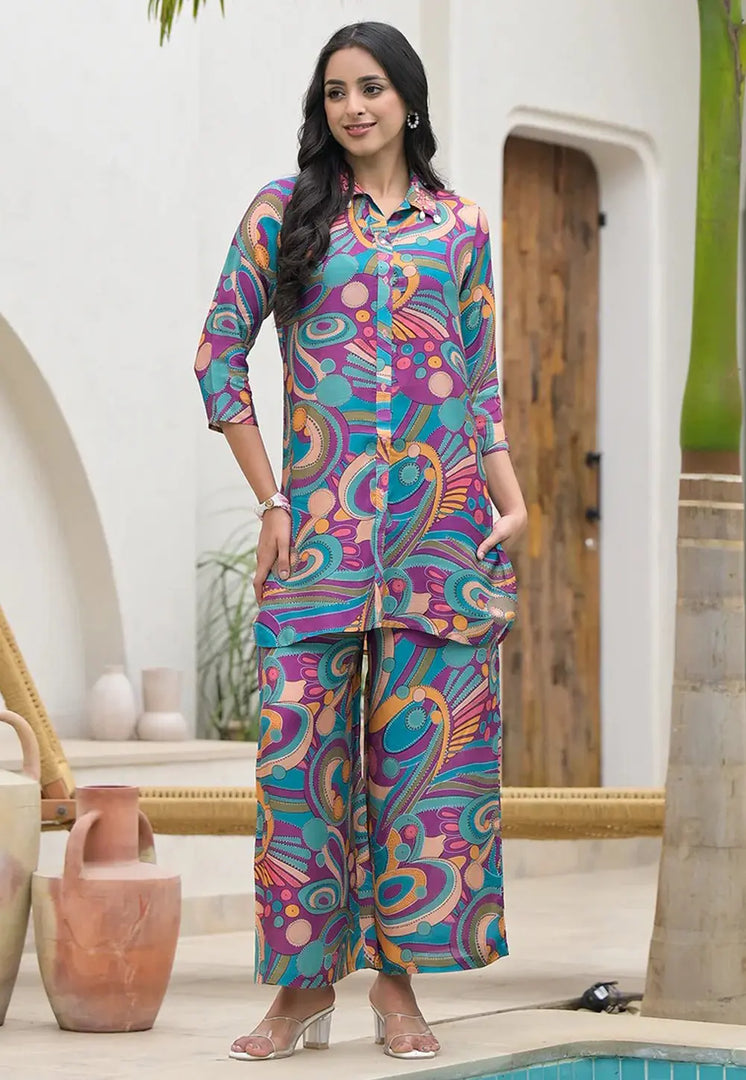 Purple Muslin Printed Co-Ords Set